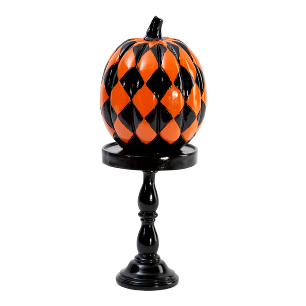 Black & Orange Checkered Pumpkin On Pedestal 13.5in Resin Halloween Decor NEW